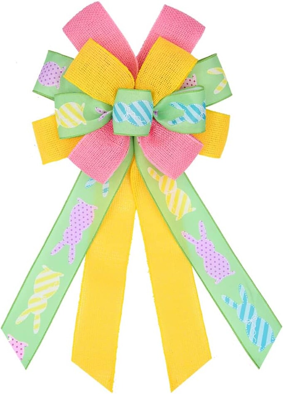 Happy Easter Large Wreath Bows for Front Door Decorations, Pink Yellow Holiday Bow Green Easter Bunny Bows